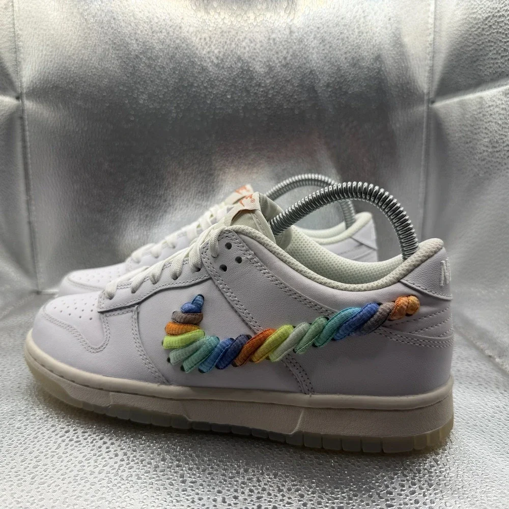 Size 5Y Nike Dunk Low SE Rainbow Lace Swoosh White Kids Sneaker Shoes FN4861-100